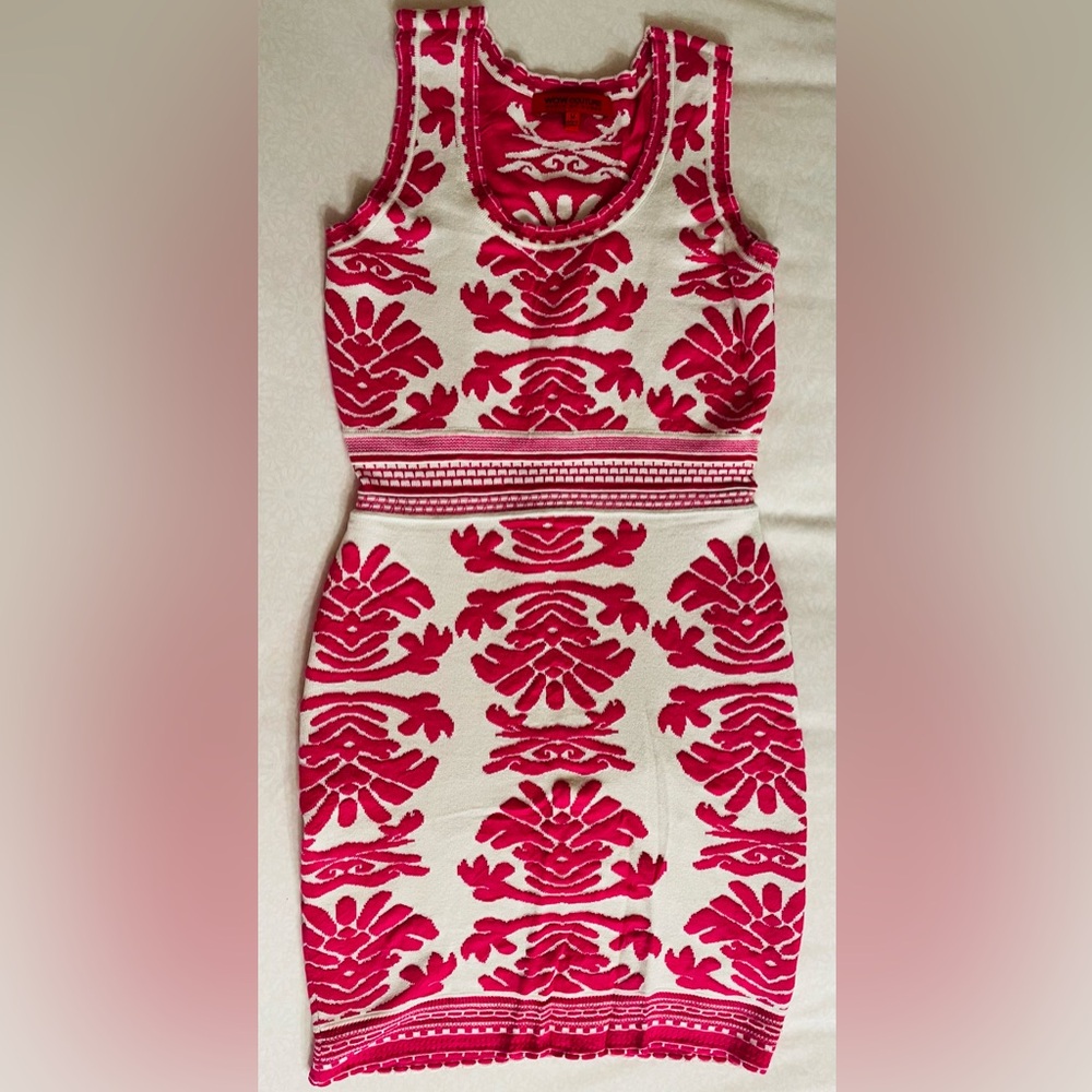 WOW couture White and Hot Pink sleeveless bodycon knit Dress with damask design